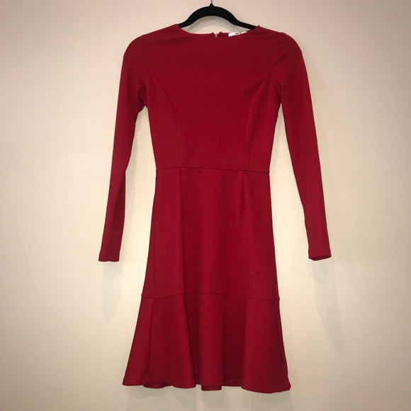 red long sleeve fit and flare dress